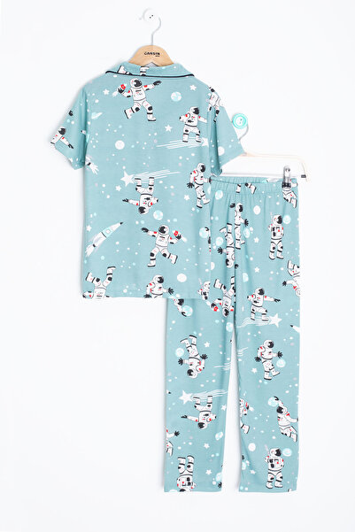 Cansın Mini Green Astronaut Printed Short Sleeve Boy's Pajama Set 20569