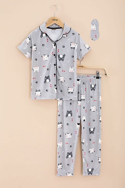 Cansın Mini Gray Cat Printed Short Sleeve Striped Girl's Pajama Set 20566