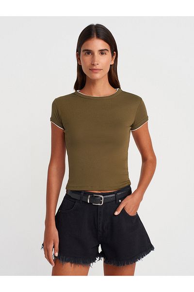 Dilvin Contrast Short Sleeve Khaki T-Shirt 31750