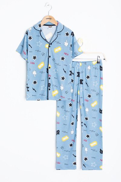 Cansın Mini Set de pijamale pentru băiat cu mânecă scurtă cu model de desene animate albastre 20570
