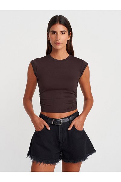Dilvin 30899 Top with Shirring Detail - Dark Brown