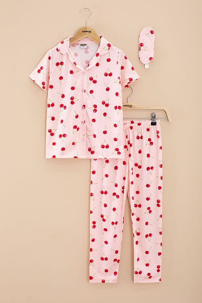 Cansın Mini Girls' Pajama Set - Cherry Print, Short Sleeves and Eye Patch 20565