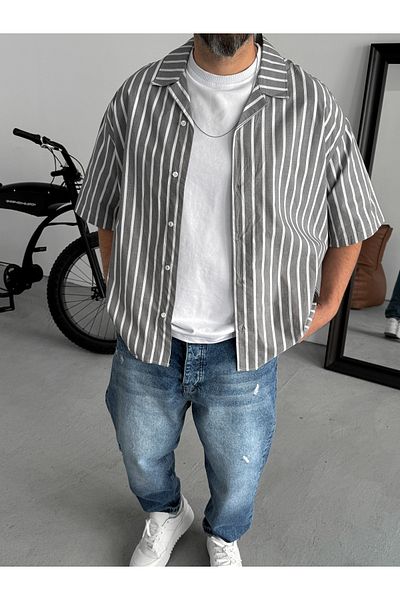 BYBASICMAN Anthracite Vertical Striped Short Sleeve Shirt V-40-482