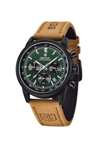Generic By Benyar Mens Watch Waterproof Chronograph Date Watch For Men Brown Leather Strap Quartz Movement