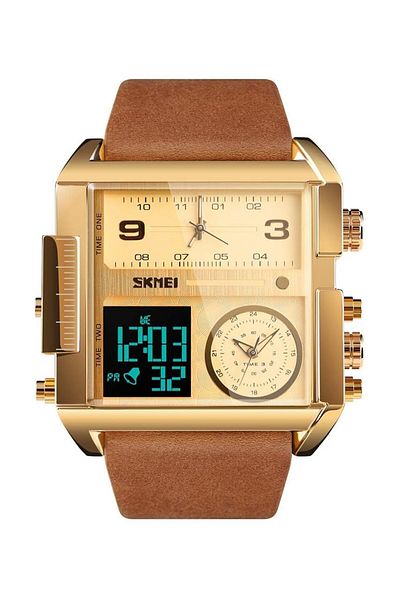 Generic Men Unique Analog Watch With Dual Dial Cool Design Leather Band Dual Time Watches Analog Quartz