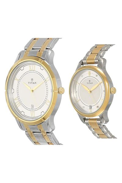 Generic Titan Bandhan Silver White Dial Stainless Steel Pair Watches Silver Bracelet