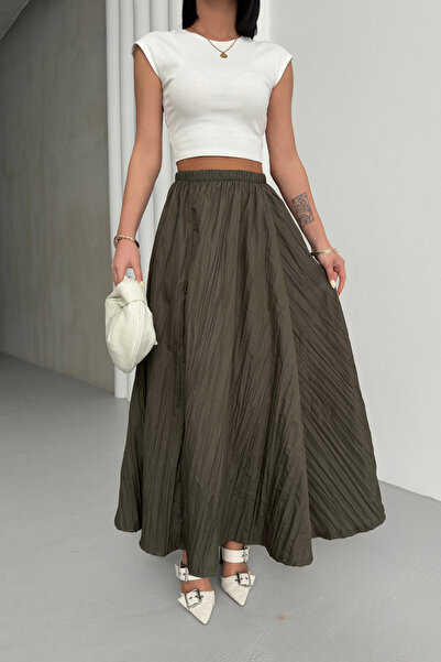 Bipantolon Women's Khaki Crush Effect Long Flared Skirt