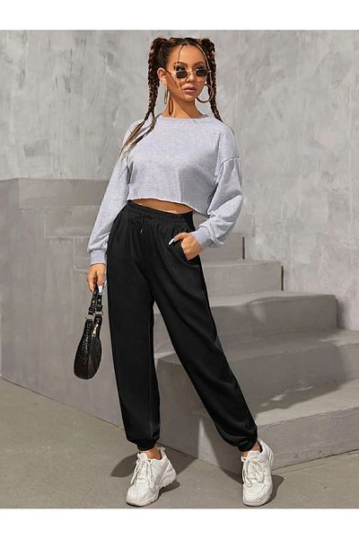 Modaflow Pantaloni de sport negri pentru femei, cu buzunare elastice în talie și picioare 1. Țesătură de clasă