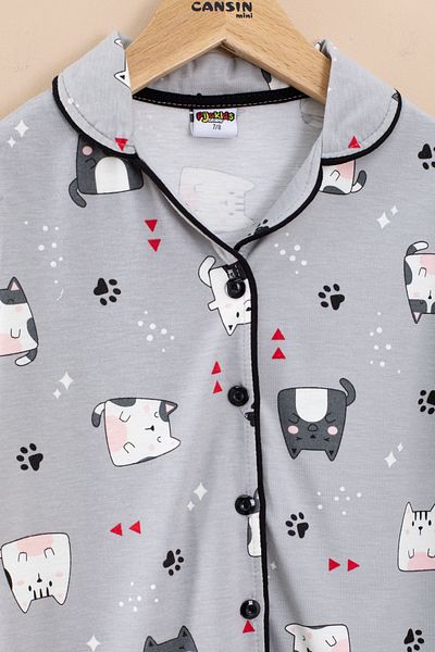 Cansın Mini Gray Cat Printed Short Sleeve Striped Girl's Pajama Set 20566