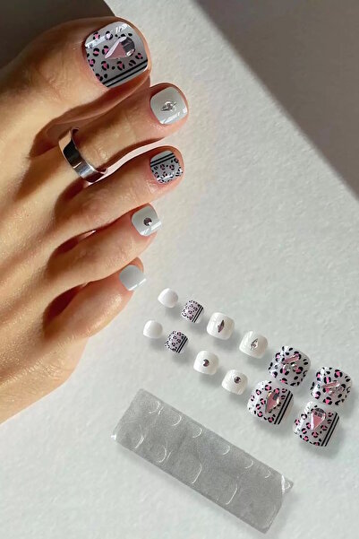 CAŞ DEKORASYON 12'li Karışık Renk Leopar Desenli Taşlı Ayak Takma Tırnak