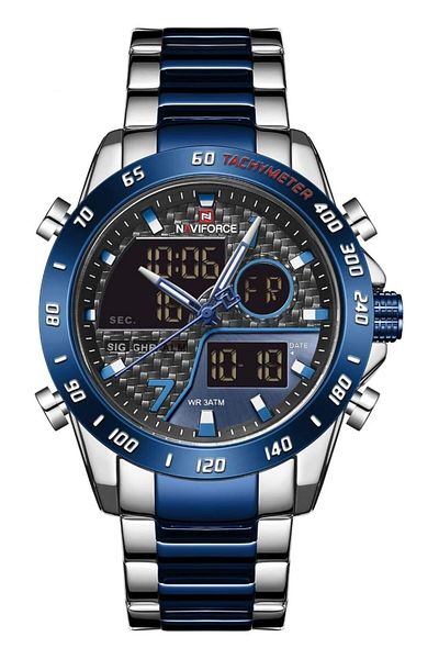 Generic Naviforce Analogue Quartz Lcd Digital Silver Blue Men Wrist Watch Silver Quartz Watch Digital