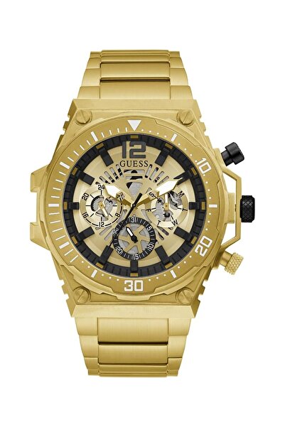 Generic Guess 48Mm Multifunction Skeletonized Watch Gold Tone Black Quartz Watch