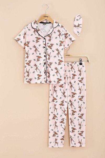 Cansın Mini Pink Deer Patterned Short Sleeve Girl's Eye Patched Pajama Set 20568
