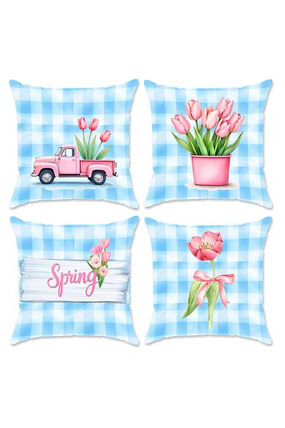 Evmila Set de 4 huse de pernă din catifea cu tematică de primăvară, 43x43 cm, imprimare pe două fețe