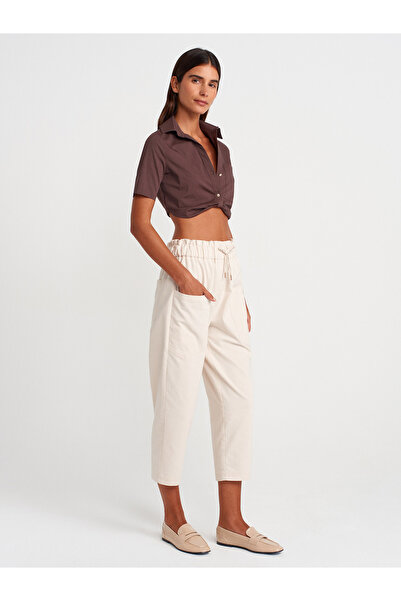 Dilvin 50503 Πουκάμισο Crop με λεπτομέρεια τσέπης-Καφέ