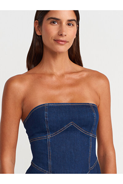 Dilvin 90552 Στράπλες Τζιν Φόρεμα Καμπάνα-Μπλε Navy