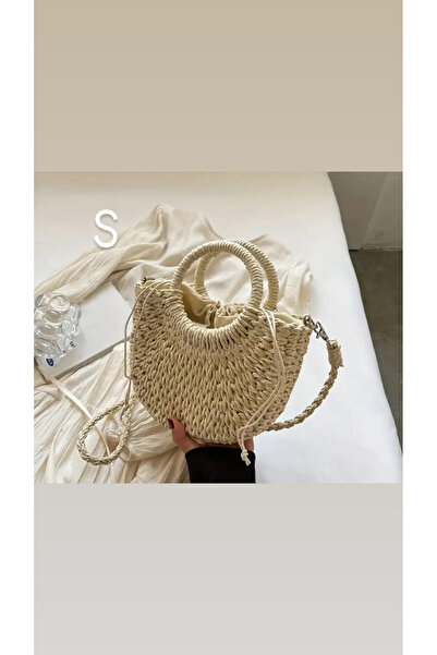 samilon Hasır Dokuma Büzgülü Kapatma Detaylı Astarlı Vintage Küçük Boy