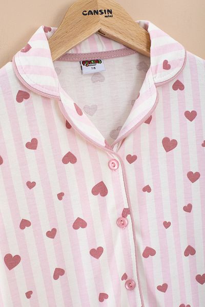 Cansın Mini Pink Striped Heart Patterned Girl's Short Sleeve Pajama Set with Eye Patch 20567