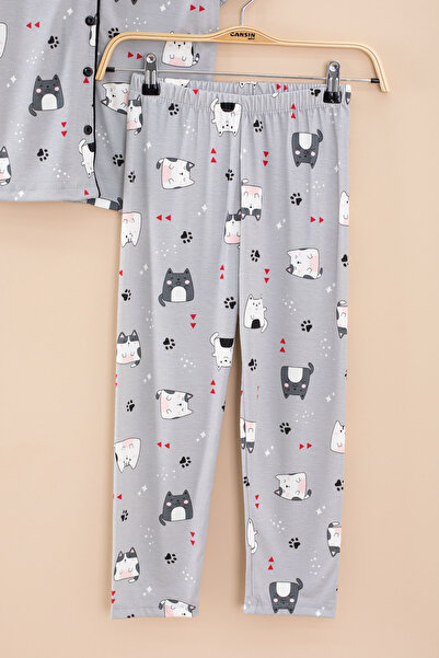 Cansın Mini Gray Cat Printed Short Sleeve Striped Girl's Pajama Set 20566