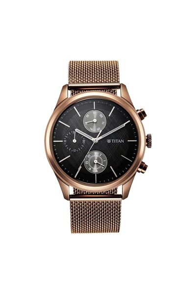 Generic ساعة تيتان أنالوج للرجال بمينا أسود وسوار بني من الفولاذ المقاوم للصد...