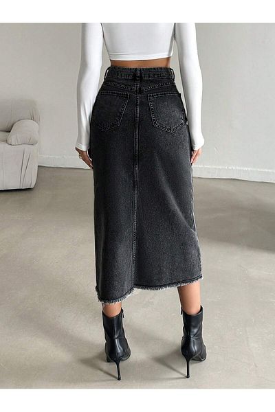 Dema Women's Denim Cotton Slit Long Black Skirt