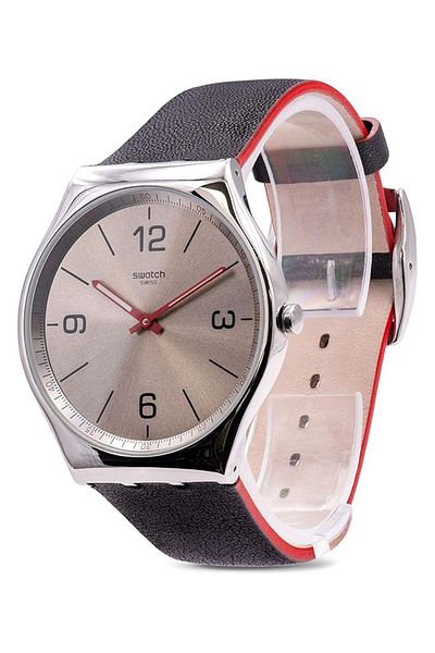 Generic Swatch Ss07S104 Leather Contrast Hands Round Analog Unisex Watch Black Strap