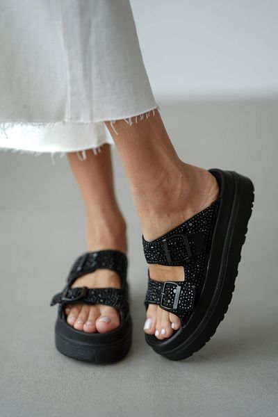 selinshoes Daizy Stone Detailed Buckle High Sole Women's Slippers - Black