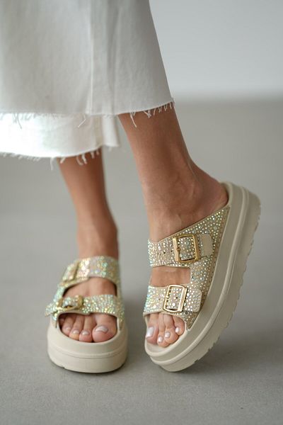 selinshoes Daizy Stone Detailed Buckle High Sole Women's Slippers - Ecru