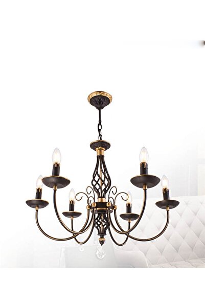 Sedef 6 Kollu E14 Duy Siyah / Gold Eskitme Sarkıt Kollu Avize