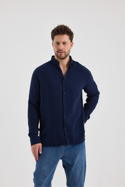 macharel jeans Ανδρικό ύφασμα μουσελίνας 100% βαμβακερό μακρυμάνικο πουκάμισο με άνετη εφαρμογή