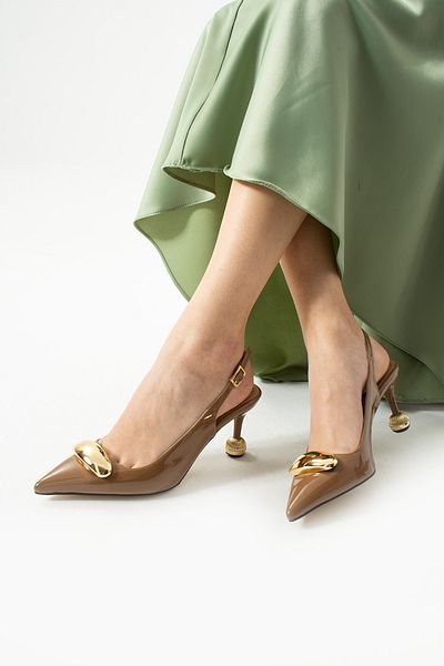 Güllü Shoes Кафяви лачени кожени обувки на тънък ток със златни детайли, стилни за жени, офис вечер, ежедневни обувки