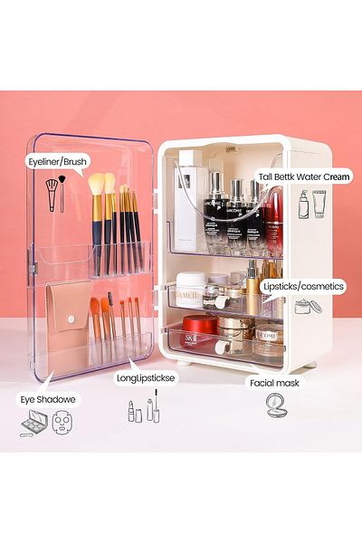 COOYA Large capacity cosmetics storage box,with lid and 2 drawers,for bathroom and dressing table,white