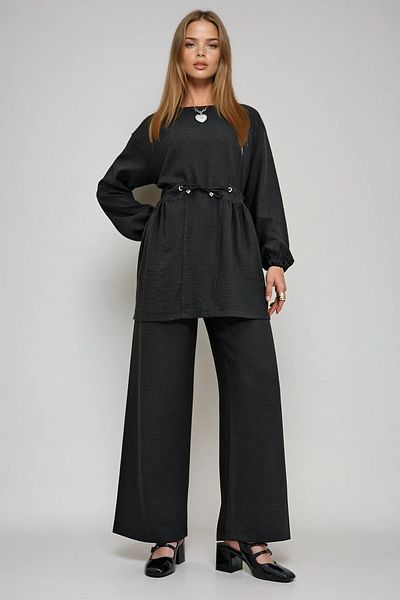 VAGGON Women's Black Crew Neck Self-Belt Palazzo Trousers Tunic Suit Prmx12299