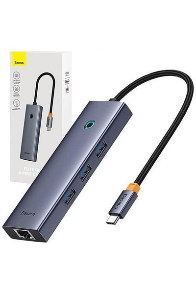 Baseus Stație de andocare Baseus UltraJoy 4 în 1, intrare USB Type-C, ieșire 3 x USB 3.0 / 1 x LAN RJ45, Gri