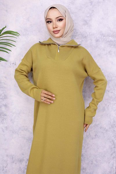 giyze Zippered Collar Knitwear Dress Oil Green 4008