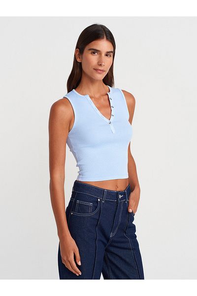 Dilvin 21005 Crop Top cu efect de spălare-albastru