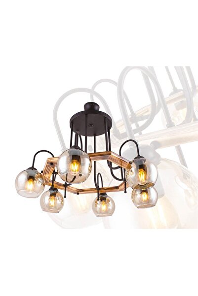 Sedef 6'lı E27 Duy Siyah Renk Metal Eskitme Yanık Ahşap Bal Camlı Retro Sarkı...