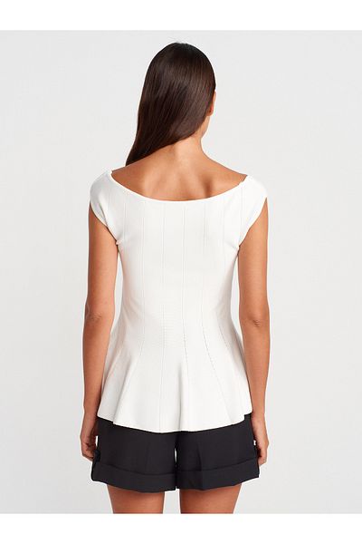 Dilvin 10741 Boat Neck Flounce Knitwear Blouse-Ecru