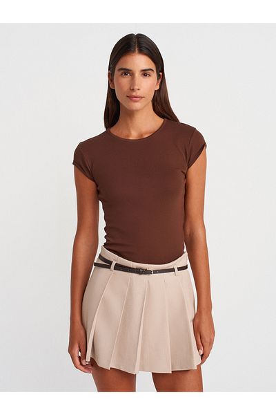 Dilvin 31779 Crew Neck Basic T-Shirt-Light Brown