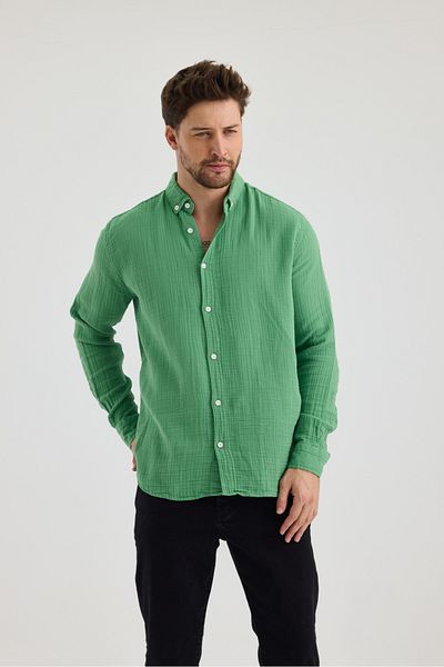 macharel jeans Ανδρικό ύφασμα μουσελίνας 100% βαμβακερό μακρυμάνικο πουκάμισο με άνετη εφαρμογή