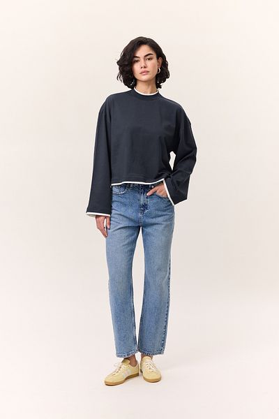 Manuka KONTRASTNÍ BARVA TRIKO S DLOUHÝM RUKÁVEM NAVY BLUE