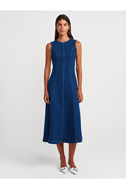 Dilvin 90553 Likralı Uzun Denim Elbise-Mavi