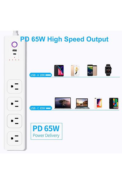 fulina شريط طاقة، مع 4 منافذ تيار متردد و4 منافذ USB-C PD65W، مع سلك تمديد بطول 5 أقدام، 1700 جول، للمنزل والمكتب