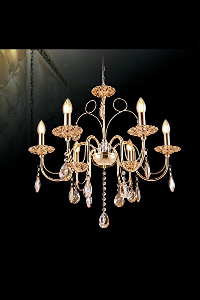 Sedef 6 Kollu E14 Duy Gold Metal Kristal Taş Ile Dekore Edilmiş Sarkıt Kollu Avize