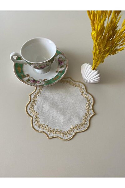 İNCİ ÇEYİZ 6 قطع من قماش الكتان مع نمط مطرز على جانب القهوة ومنديل الكوكتيل و...