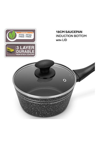 Auroware Non Stick 18 cm Saucepan Pan with Lid Black Induction Bottom, Strong Durable