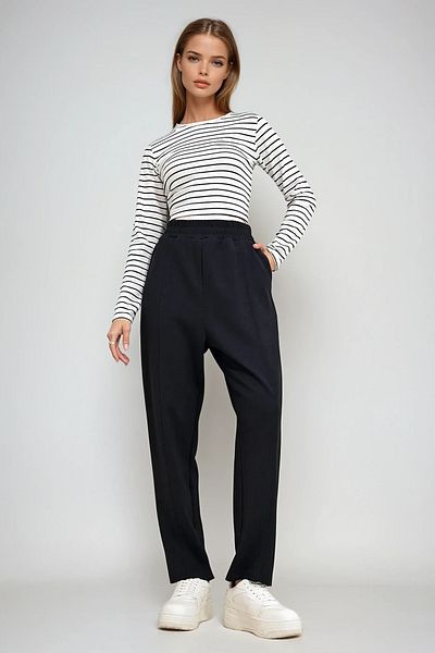 VAGGON Pantaloni modal negri pentru femei, cu buzunar dublu, cu talie elastică, cu talie elastică Prmx12560