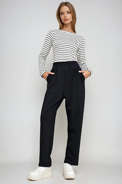 VAGGON Pantaloni modal negri pentru femei, cu buzunar dublu, cu talie elastică, cu talie elastică Prmx12560