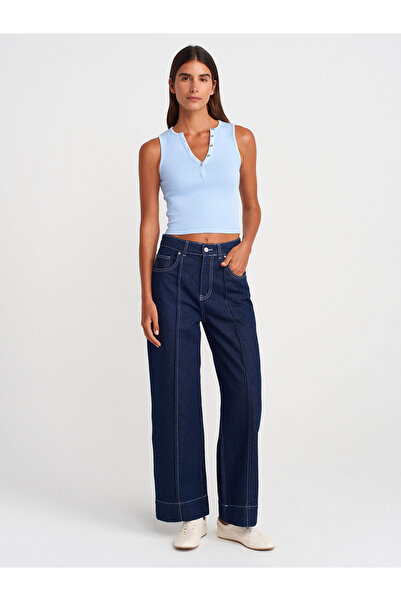 Dilvin 21005 Yıkama Efetkli Crop Top-Mavi