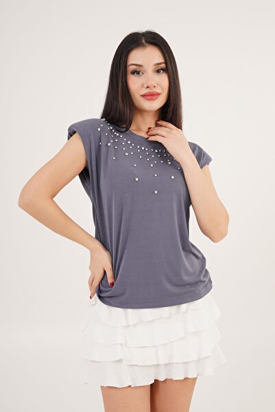 Hipo Trend Sa jastučićima za ramena Sa kamenim detaljima Modal Indigo majica